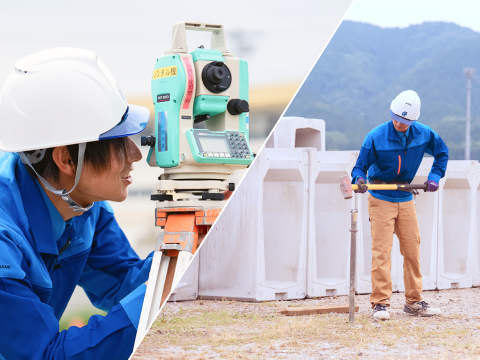 測量機を使い現場で確認するN.Sさん