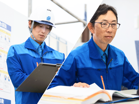 現場で確認するN.Sさんと事務所で作業するK.Aさん